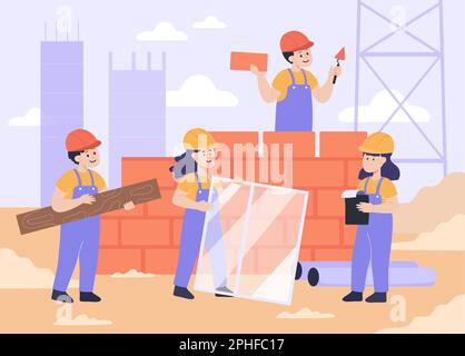 Children as construction workers building wall of bricks Stock Vector