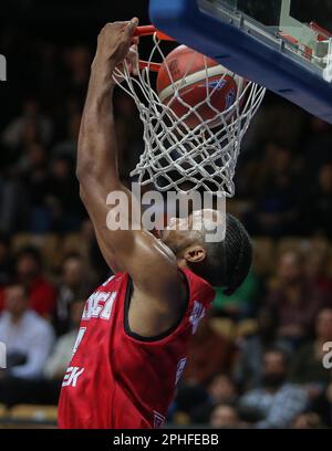 Belgrade, Serbia, 5 January 2023. Jaron Blossomgame of AS Monaco in action  during the 2022/2023 Turkish Airlines EuroLeague match between Partizan  Mozzart Bet Belgrade and AS Monaco at Stark Arena in Belgrade