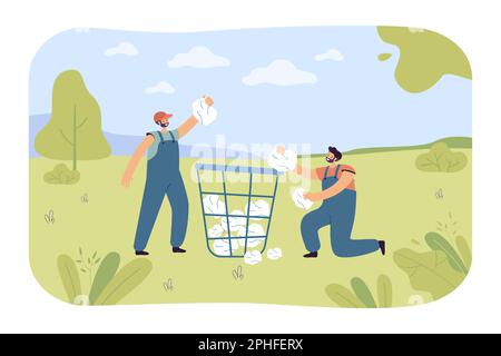 Men collecting paper in trash container flat vector illustration Stock Vector