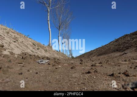 Dry irrigation ditches in the fields Stock Photo