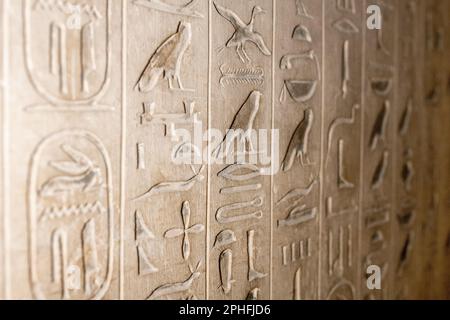 Authentic hieroglyphic inscriptions inside an underground burial chamber in the Pyramid of Unas at the Saqqara Necropolis in Giza, Egypt Stock Photo