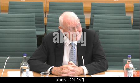 Lord Birt, Former Director General, BBC, answering questions in front of the Digital, Culture, Media and Sport Select Committee at the House of Commons, London, on the subject of the work of the BBC. Picture date: Tuesday March 28, 2023. Stock Photo