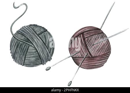 Watercolor knitting with a ball and knitting needles Stock Photo