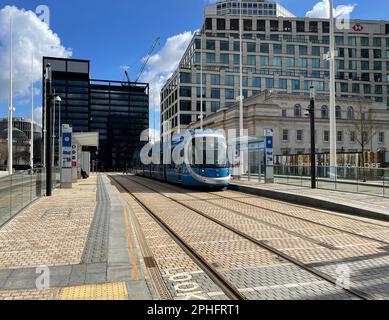 West Midlands Tram Number 40 stops at The Library Tram Stop in Centenary Square Birmingham with a service from Wolverhampton to Edgbaston Stock Photo