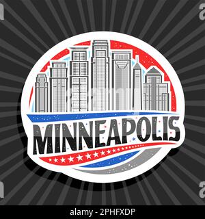 Vector logo for Minneapolis, white decorative sign with illustration of famous minneapolis city scape on day sky background, art design refrigerator m Stock Vector