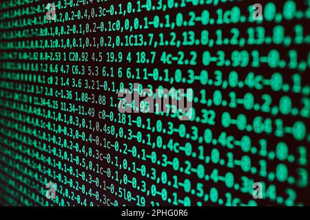 Digital data on computer screen. Green numbers and letters. Digital background. Data security and protection. Data in database. Computer technology Stock Photo