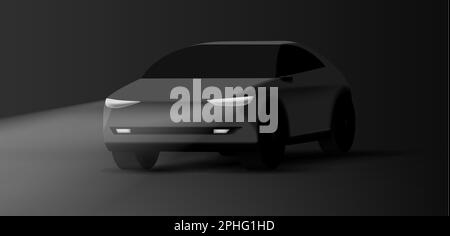 Realistic Black Vector 3D Car illustration, dark night with headlights on Stock Vector