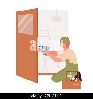 Workman repairing door. House renovation workers, renovation master vector illustration Stock Vector
