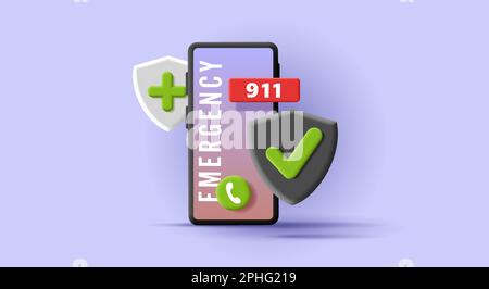 3d render illustration of a smartphone with emergency police number and call button with shield for protaction and medical help Stock Vector