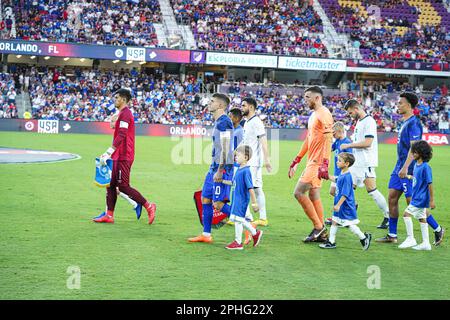 Orlando, Florida, March 27, 2023, El Salvador and USA players entering the pitch during the CONCACAF Nations League Match at Exploria Stadium. (Photo Credit: Marty Jean-Louis/Alamy Live News Stock Photo