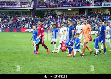 Orlando, Florida, March 27, 2023, El Salvador and USA players entering the pitch during the CONCACAF Nations League Match at Exploria Stadium. (Photo Credit: Marty Jean-Louis/Alamy Live News Stock Photo