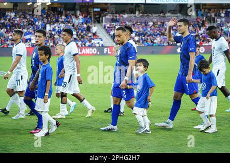 Orlando, Florida, March 27, 2023, El Salvador and USA players entering the pitch during the CONCACAF Nations League Match at Exploria Stadium. (Photo Credit: Marty Jean-Louis/Alamy Live News Stock Photo