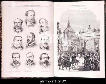 ENTRADA DE ALFONSO XII EN MADRID EL 14 DE ENERO DE 1875 - ILUSTRACION ESPAÑOLA Y AMERICANA - 15/1/1875. Location: SENADO-BIBLIOTECA-COLECCION. MADRID. SPAIN. ANTONIO CANOVAS DEL CASTILLO. ALFONSO XII OF SPAIN. ROMERO ROBLEDO FRANCISCO. MOLINS MARQUES DE. CASTRO ALEJANDRO DE. CARDENAS FRANCISCO DE. OROVIO MARQUES DE. JOVELLAR SOLER JOAQUIN. SALAVERRIA PEDRO. ADELARDO LOPEZ DE AYALA (1828-1879). Stock Photo