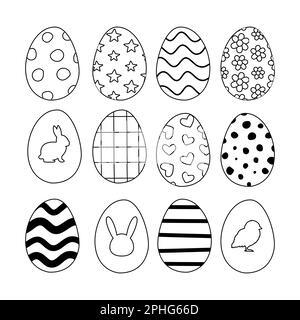 Vector set of hand drawn flat outline Easter egg isolated on white background Stock Vector