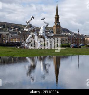 modern stainless steel sculpture The Shipbuilders of Port Glasgow by  artist John McKenna , Coronation Park,Port Glasgow,Inverclyde,Scotland,UK Stock Photo