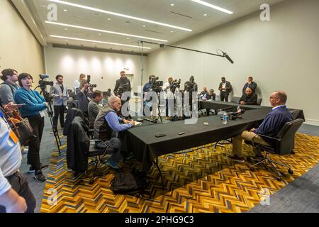 Detroit, Michigan - Newly-elected United Auto Workers President Shawn Fain speaks with reporters after the first day of the UAW's bargaining conventio Stock Photo