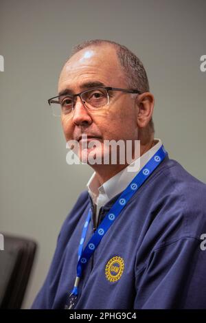 Detroit, Michigan - Newly-elected United Auto Workers President Shawn Fain speaks with reporters after the first day of the UAW's bargaining conventio Stock Photo