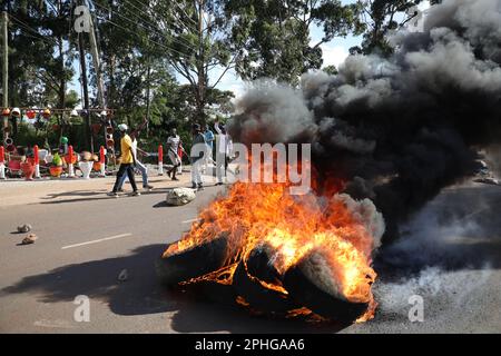 Nairobi, Kenya. 27th Mar, 2023. Protesters barricade a section of Ngong road in Nairobi, capital of Kenya, on March 27, 2023. TO GO WITH 'Roundup: Kenyan police clash with anti-government protesters' Credit: Fred Mutune/Xinhua/Alamy Live News Stock Photo