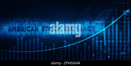 Concept of American stock exchange AMEX with abstract financial chart with uptrend line graph arrow on blue color background. Stock Photo