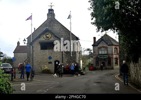 Intersection of streets village centre with Town Hall and Tudor Tavernin town of  Llantwit Major, Wales, Stock Photo