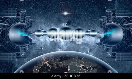 Futuristic space station, refuelling spaceship, above Earth Stock Photo