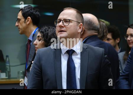 Brussels, Belgium. 28th Mar, 2023. Raimonds Cudars, Minister for Energy arrives for a Transport, Telecommunications and Energy Council at the EU headquarters in Brussels, Belgium on March 28, 2023. Credit: ALEXANDROS MICHAILIDIS/Alamy Live News Stock Photo