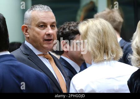 Brussels, Belgium. 28th Mar, 2023. Jozef SIKELA, Minister for Energy arrives for a Transport, Telecommunications and Energy Council at the EU headquarters in Brussels, Belgium on March 28, 2023. Credit: ALEXANDROS MICHAILIDIS/Alamy Live News Stock Photo