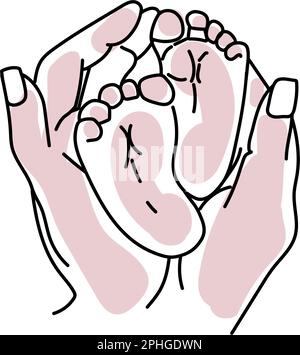 Woman hands holding together cute baby feet line art vector. Stock Vector