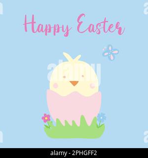 Greeting card with cute little chick in cracked egg, Easter concept, doodle style vector illustration Stock Vector