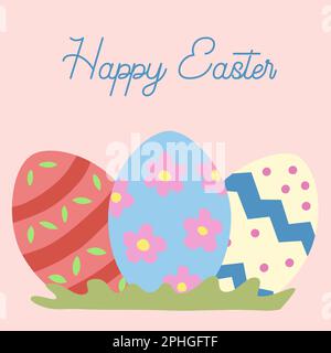Easter greeting card with colourful eggs, grass and text Happy Easter, doodle style vector illustration Stock Vector