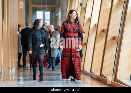 First Minister Humza Yousaf with wife Nadia El-Nakla after speaking at ...