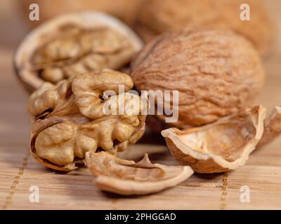 Walnut and nutshells in a close up Stock Photo