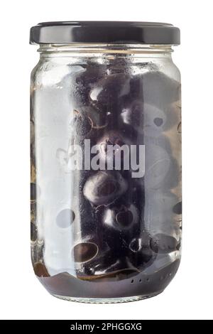 Pitted black olives preserved in glass jar, isolated on white with clipping path included Stock Photo