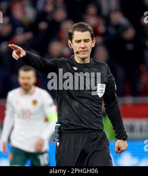 BUDAPEST, HUNGARY - MARCH 27: Referee Halil Umut Meler reacts during the UEFA EURO 2024 qualifying round group B match between Hungary and Bulgaria at Puskas Arena on March 27, 2023 in Budapest, Hungary. Stock Photo