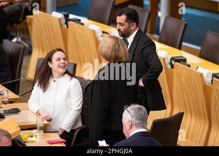 Edinburgh, Scotland, UK. 28th Mar, 2023. PICTURED: Kate Forbes MSP seen speaking with Humza Yousaf during a short pause in voting. Humza Yousaf MSP is voted in as the next First Minister of Scotland. Credit: Colin D Fisher/CDFIMAGES.COM Credit: Colin Fisher/Alamy Live News Stock Photo