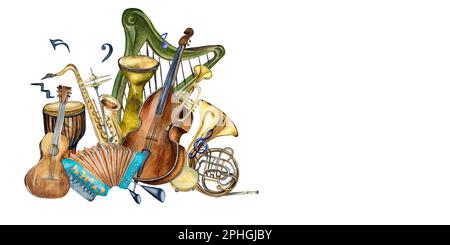 Composition of jazz musical instruments and signs watercolor illustration isolated. Accordion, djembe, trumpet, harp hand drawn. Design element for fl Stock Photo