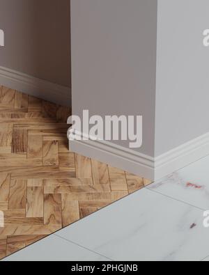 The joint of a wooden floor of parquet and porcelain stoneware without a threshold, a smooth joint of two floor coverings in one level. Aluminum conne Stock Photo