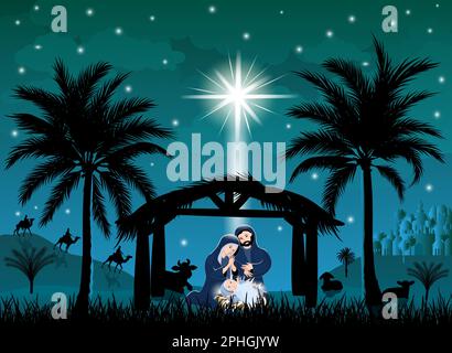 Scene of the Nativity of Jesus Christ. Christmas. The Virgin Mary and Joseph bent over the manger with the baby. Christmas night. The Christmas star s Stock Vector