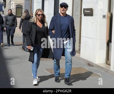 Milan, . 28th Mar, 2023. Milan, 03-28-2023 Fabio Cannavaro, former world champion footballer with the Italian national team in 2006, then coach in Arabia, China, and this year at Benevento in Serie B, walks through the streets of the center with his wife Daniela. Credit: Independent Photo Agency/Alamy Live News Stock Photo