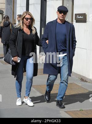 Milan, . 28th Mar, 2023. Milan, 03-28-2023 Fabio Cannavaro, former world champion footballer with the Italian national team in 2006, then coach in Arabia, China, and this year at Benevento in Serie B, walks through the streets of the center with his wife Daniela. Credit: Independent Photo Agency/Alamy Live News Stock Photo