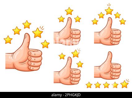 Hand thumb up like star client review rating, customer feedback, recommend, high quality, positive ranking icon set. Good choice. Web comment. Vector Stock Vector