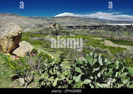 spring in Sicily landscape with Mount Etna covered in white snow against blue sky, Italy (2) Stock Photo