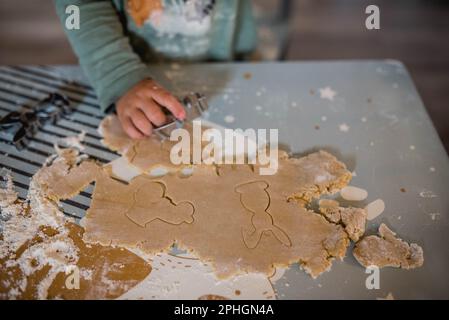 a child cuts out cookies, baking gingerbread with children, Easter theme - cookie cutter in the shape of a bunny, time spent with children, learning t Stock Photo
