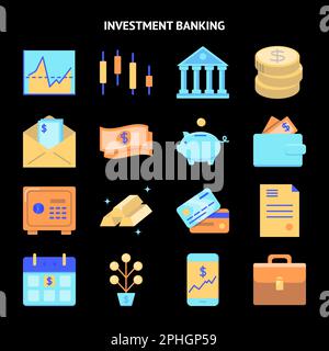 Finance and money icon set in flat style. Banking and investment activities symbols collection. Vector illustration. Stock Vector