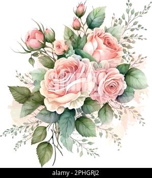 Dusty pink and cream rose, peony, hydrangea flower, tropical leaves vector garland wedding bouquet. Floral pastel watercolor style.Spring bouquet.Elem Stock Vector