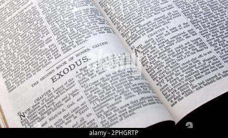 Old King James Bible open to the book of Exodus Stock Photo