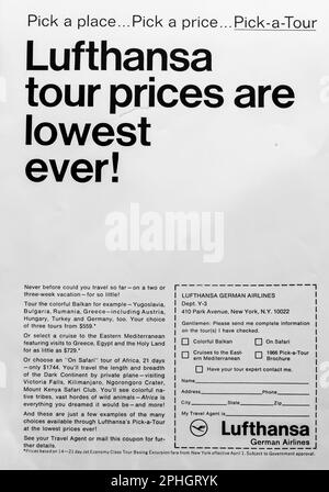 Lufthansa tour prices lowest ever advert in a Natgeo magazine, March 1966 Stock Photo
