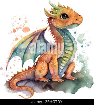 Watercolor red orange and black little cute baby dragon vector illustration. Stock Vector