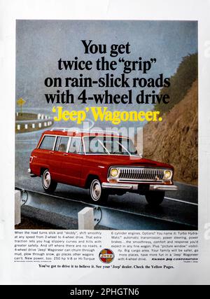 Jeep Wagoneer advert in a Natgeo magazine June 1966 Stock Photo