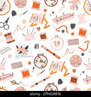 Seamless pattern with needlework tools as scissors, needles, threads, hoops, floss, organizers, bobbins. Concept of sewing, embroidery, handicraft Stock Vector